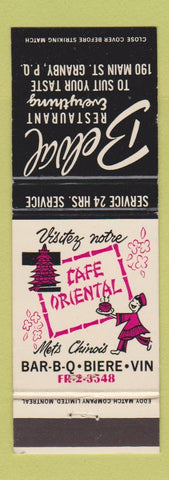 Matchbook Cover - Belval Restaurant Chinese Granby QC
