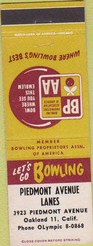 Matchbook Cover - Piedmont Bowling Oakland CA