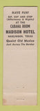 Matchbook Cover - Madison Hotel Harlingen TX Donna Weslaco