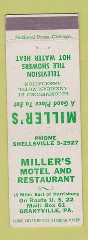 Matchbook Cover - Miller's Motel Restaurant Grantville PA