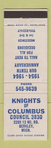 Matchbook Cover - Knights of Columbus Council Berkley MI 1964