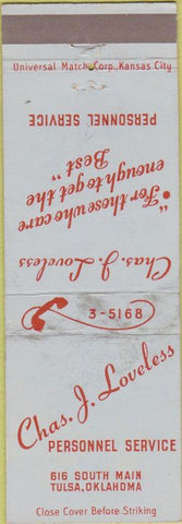 Matchbook Cover - Chas Loveless Temp Agency Tulsa OK employment