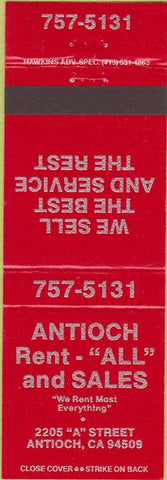 Matchbook Cover - Antioch Rentals Antioch CA red