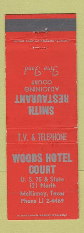 Matchbook Cover - Woods Hotel Court McKinney TX Smith Restaurant WEAR