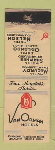 Matchbook Cover - Van Orman Hotels DQ Evansville IN Rockford Decatur IL WORN