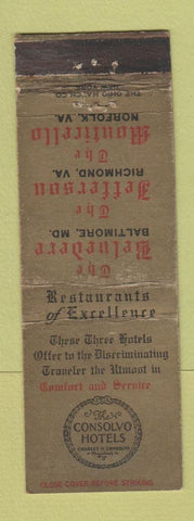 Matchbook Cover - Consolvo Hotels Baltimore MD Richmond Norfolk VA WEAR