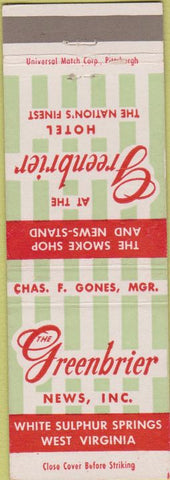 Matchbook Cover - Greenbrier Hotel White Sulphur Springs WV