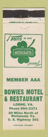 Matchbook Cover - Bowies Motel Restaurant Lorne VA