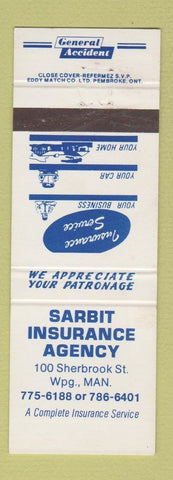 Matchbook Cover - Sarbit Insurance Agency Winnipeg MB