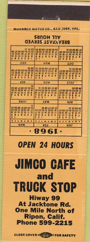 Matchbook Cover - Jimco Cafe Truck Stop Ripon CA 1968