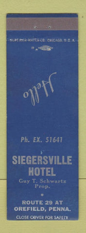 Matchbook Cover - Siegersville Hotel Orefield PA BLUE
