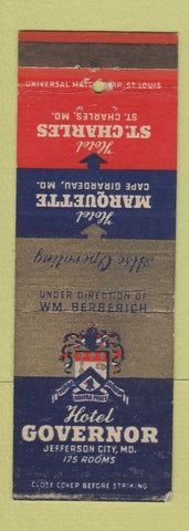 Matchbook Cover - Hotel Governor St Charles MO Cape Girardeau Jefferson City
