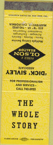 Matchbook Cover - Harold Olson Realtor Marysville CA yellow