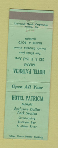 Matchbook Cover - Hotel Patricia Miami FL