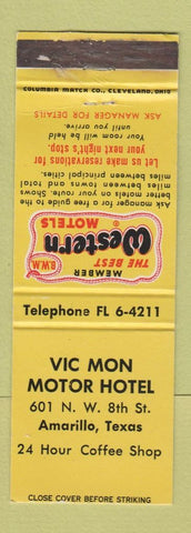 Matchbook Cover - Vic Mon Motor Hotel Amarillo TX Best Western WEAR