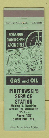 Matchbook Cover - Piotrowski's Service oil gas Cambridge WI