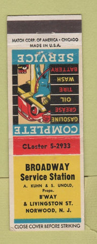 Matchbook Cover - Broadway Service oil gas Norwood NJ WEAR