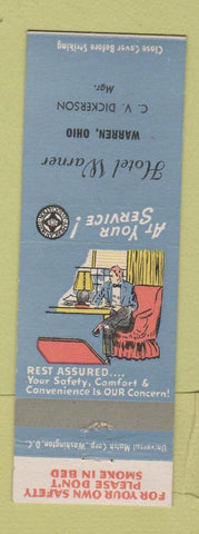 Matchbook Cover - Hotel Warner Warren OH
