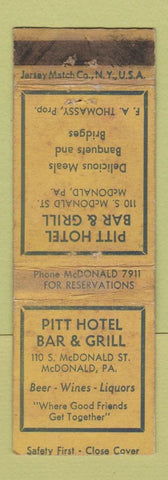 Matchbook Cover - Pitt Hotel Bar Grill Macdonald PA WORN