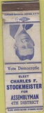 Matchbook Cover - Charles Stockmeister Democrat Rochester NY WORN
