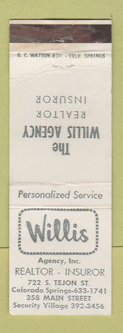 Matchbook Cover - Willis Real Estate Insurance Colorado Springs WEAR
