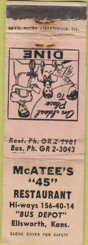 Matchbook Cover - McAtte's 45 Restaurant Ellsworth KS WORN girlie