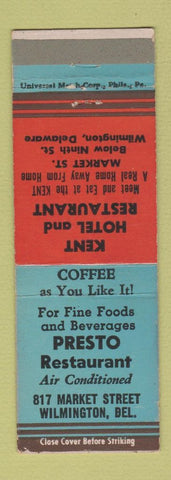 Matchbook Cover - Kent Hotel Restaurant Preston Wilmington DE