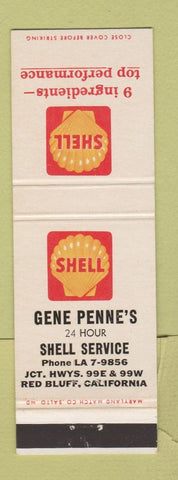 Matchbook Cover - Shell oil gas Gene Penne's Red Bluff CA