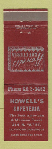 Matchbook Cover - Howell's Cafeteria Harlingen TX RED
