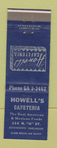 Matchbook Cover - Howell's Cafeteria Harlingen TX BLUE