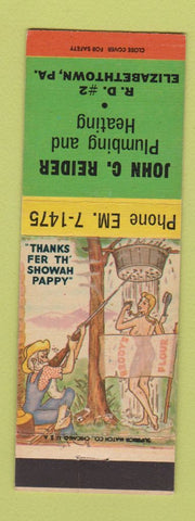 Matchbook Cover - John Reider Plumbing Heating Elizabethtown PA hillbilly