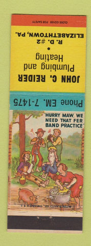 Matchbook Cover - John Reider Plumbing Heating Elizabethtown PA hillbilly