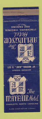 Matchbook Cover - Arlington Hotel Lynchburg VA Mayfair Charlotte NC