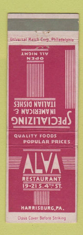 Matchbook Cover - Alva Restaurant Harrisburg PA Italian