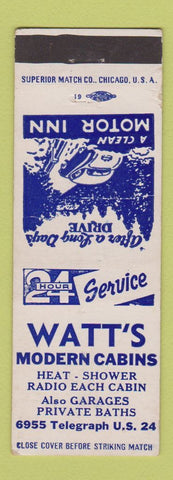 Matchbook Cover - Watt's Modern Cabins  Temperance OH