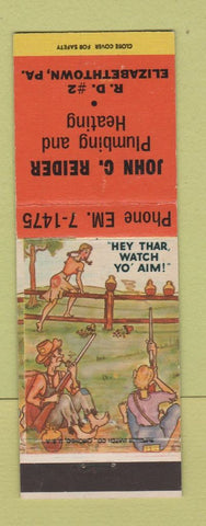 Matchbook Cover - John Reider Plumbing Heating Elizabethtown PA hillbilly
