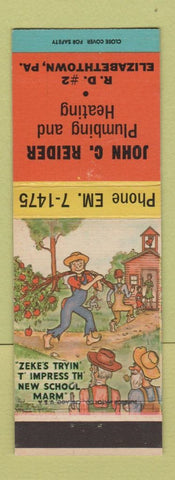 Matchbook Cover - John Reider Plumbing Heating Elizabethtown PA hillbilly