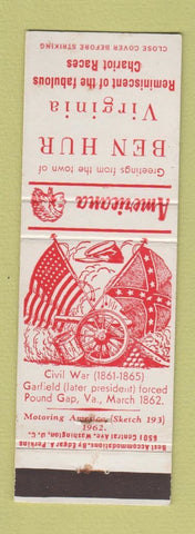 Matchbook Cover - Ben Hur VA Civil War Perkins Americana WEAR