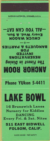 Matchbook Cover - Lake Bowling Folsom CA anchor Room green