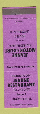 Matchbook Cover - Jeanne Restaurant Lincoln NH Motor Court