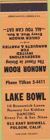 Matchbook Cover - Lake Bowling Folsom CA anchor Room orange