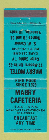 Matchbook Cover - Mabry Cafeteria Motel Vandalia IL