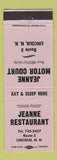 Matchbook Cover - Jeanne Restaurant Motor Court Lincoln NH LAVENDER