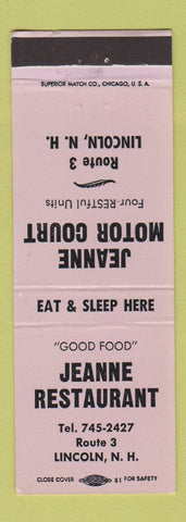 Matchbook Cover - Jeanne Restaurant Motor Court Lincoln NH LAVENDER