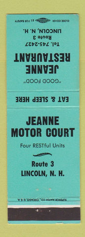 Matchbook Cover - Jeanne Restaurant Lincoln NH Motor Court TEAL