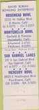 Matchbook Cover - Mercfury Bowling Lanes Rivera CA El Monte