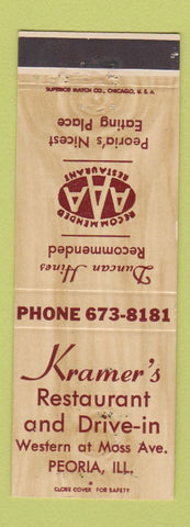 Matchbook Cover - Kramer's Restaurant Drive In Peoria IL