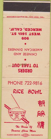 Matchbook Cover - Rice Bowl Chinese Food Merced CA