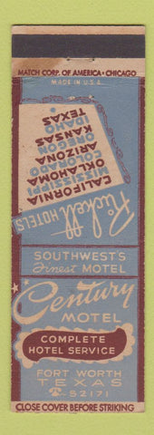 Matchbook Cover - Century Motel Fort Worth TX Rickett WEAR