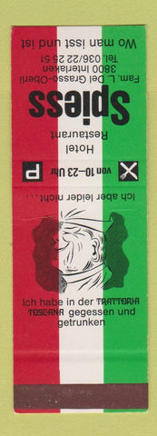 Matchbook Cover - Hotel Restaurant Spiess Interlaken Switzerland SAMPLE
